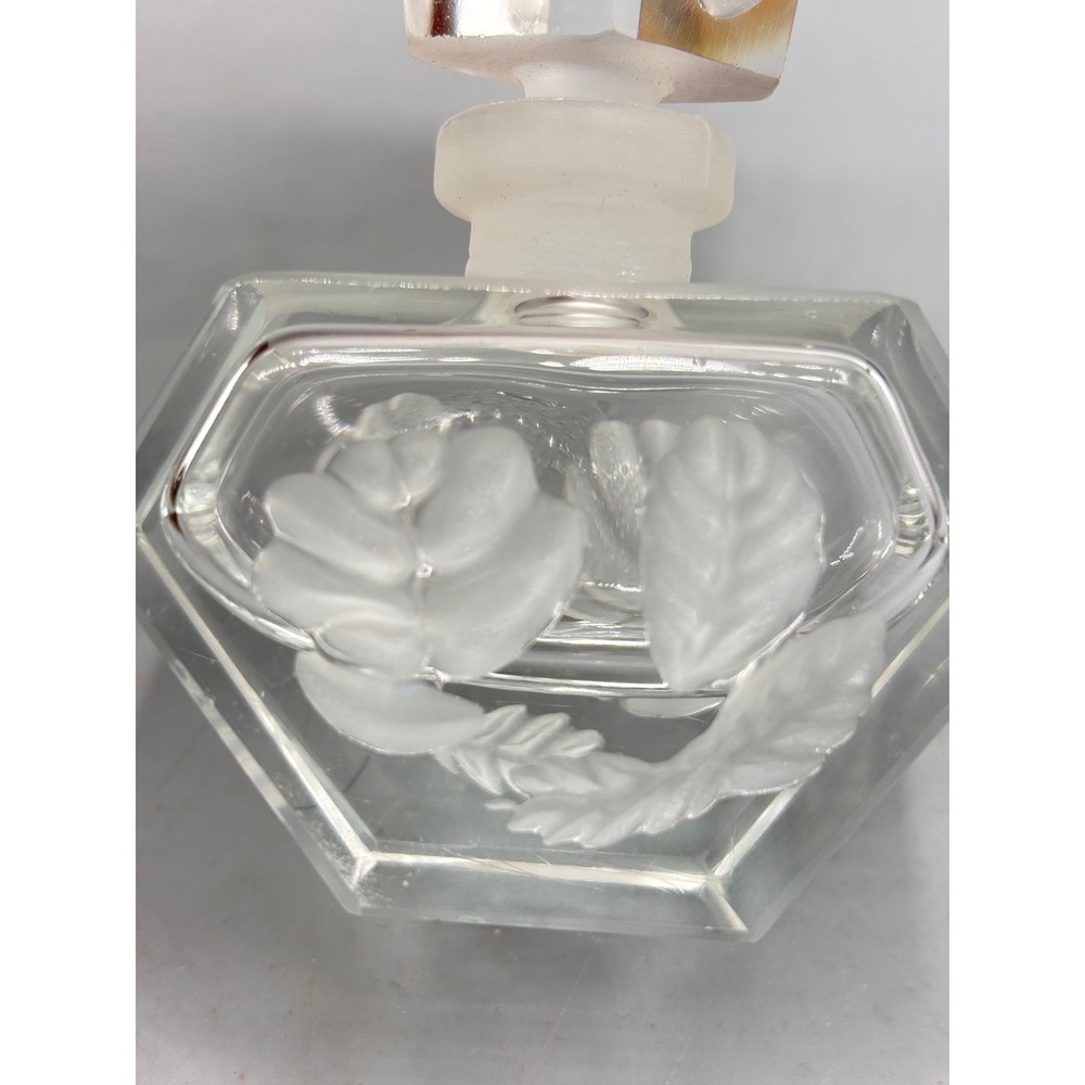 Vintage Glass Perfume Bottle Frosted Floral Intaglio Hexagon Glass Stopper 4" - Picture 2 of 10